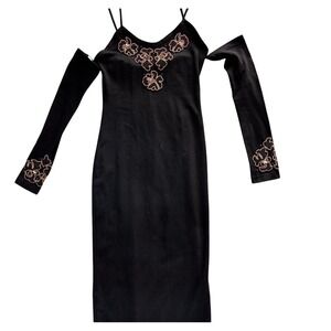 Vintage 90s Contempo Casuals Maxi Dress Womens S Black Excellent Beaded Floral